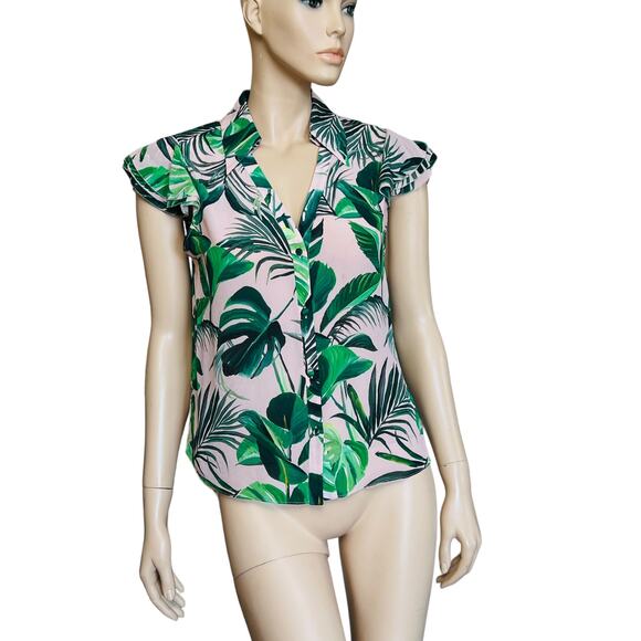 Alice + Olivia Randa Short Sleeve Ruffle Henley Top 100% Silk Size M Preowned - Picture 4 of 14